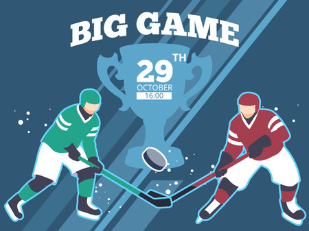 Ice hockey championship poster. Sports game announcement, two players from different teams in uniform with clubs, tournament invitation design, cartoon flat isolated illustration, vector conceptのイラスト素材