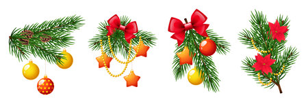 Christmas branches with holiday toys. New year decorations on pine twigs, glass balls, stars, bows, plant cones and beads, xmas tree 3d graphic, realistic isolated vector winter botany setのイラスト素材
