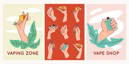 Vape pens cards. Male and female hands holding electronic cigarettes, tobacco smoking simulation, bad habit, modern gadgets, nargile shop posters, cartoon flat isolated illustration vector setのイラスト素材