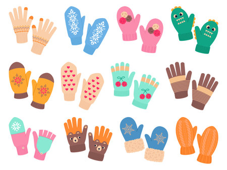Winter knitted gloves and mittens. Warm wool hands accessories, cold weather patterned clothes, patterned wear elements, funny prints and cozy patterns, cartoon flat isolated vector setのイラスト素材