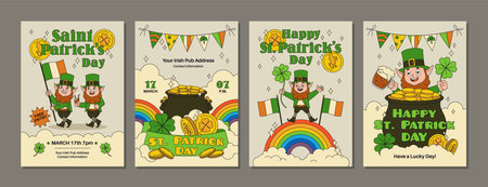Patrick day cards. Irish beer festival elements, leprechaun dwarves, groovy cartoon characters, rainbow, golds pot, clover, party invitation design. Cartoon flat isolated tidy vector setのイラスト素材