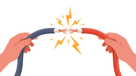 Human hands tearing electric wire. Cable damage, cartoon current sparks, dangerous situation, voltage connection broken power cord, repair service nowaday vector technology conceptのイラスト素材
