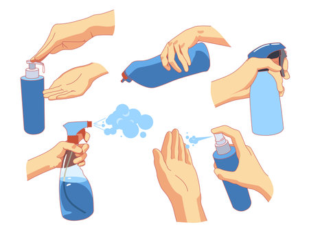 Hands disinfected. Disinfection spray using, sanitization process, aerosol disinfectants and antiseptic sprays, virus protection, antibacterial gel, cartoon flat isolated vector conceptのイラスト素材