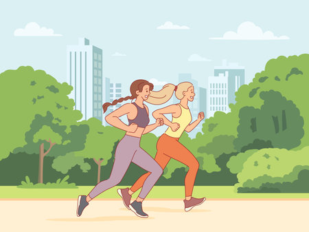 Girls running in park. Athletes train outdoors, marathon participants compete, sports workout, people jog, healthy lifestyle, women jogging together, cartoon flat isolated vector conceptのイラスト素材