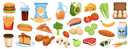 Healthy and junk food. Fast, fried, fatty, carbohydrates, natural organic nutrition, proteins, fruits, vegetables and fish, different meal choice, cartoon flat isolated tidy vector setのイラスト素材