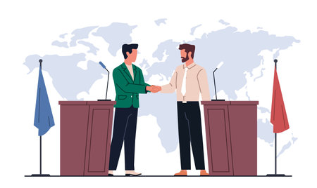 Politicians make international agreement. Men on wooden pedestals shake hands as result of negotiations, different flags, public meeting. Cartoon flat style isolated vector conceptのイラスト素材