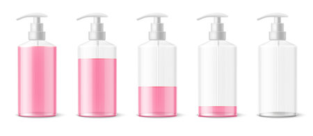 Set bottles with different liquid levels. Realistic isolated elements. Transparent plastic container with dispenser for soap, or shampoo, lotion full and empty packaging, vector conceptのイラスト素材