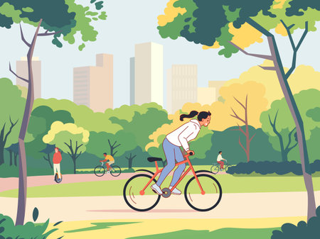 Cyclists in nature. Funny people cycling in city park, outdoor activities, happy citizens drive eco transport, clean air, active lifestyle cartoon flat style isolated vector conceptのイラスト素材