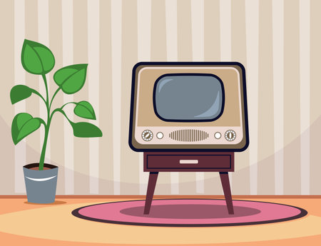 Interior of room with old television. Retro room house, old media technology, carpet and plant. Empty screen. Vintage tv. Nostalgia home. Cartoon flat style isolated vector conceptのイラスト素材