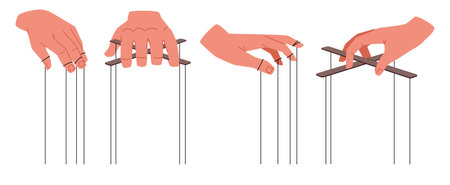 Set invisible puppeteers hands. Arms manipulating, different sides view, character hand with strings. Control marionettes. Domination symbol. Cartoon flat style isolated vector conceptのイラスト素材
