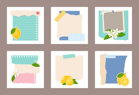 Torn paper collage frames. Social media story design, cardboard pieces with uneven edges, patterned sticky notes layering, lemons and flowers stickers, abstract fragments, classy vector setのイラスト素材