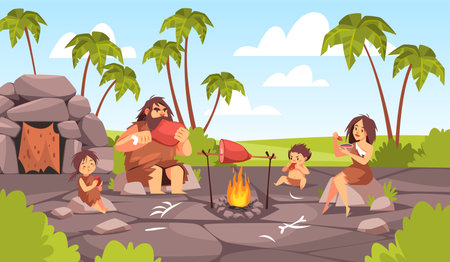 Primitive family having lunch. Stone age people eat meat around campfire, parents with kids in animal skins, cavemen, prehistoric barbarian cartoon flat style isolated tidy vector conceptのイラスト素材