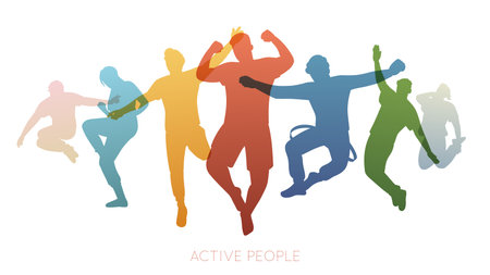 Jumping people color silhouettes. Party time, happy guys, girls, positive emotions, friends group, active lifestyle, active colorful characters, isolated background decent vector conceptのイラスト素材