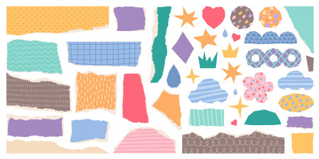 Color torn paper. Cut pieces with uneven edges and patterns, patchwork or scrapbooking fragments, collage art elements, isolated decorative abstract fragments, sticker classy vector setのイラスト素材