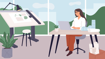 Architect creator works. Female design engineer makes project, professional builder workplace with drawing board, territory planning, woman in office, cartoon flat isolated garish vector conceptのイラスト素材