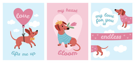 Funny dachshund cards. Cartoon purebred dog characters, love and romantic posters with cute happy pets, valentine greeting banners, playful adorable domestic animal, garish vector setのイラスト素材