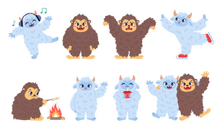 Cartoon yeti and bigfoot characters. Funny fantasy humanoids, fluffy monsters, cute happy sasquatch, winter and summer, hairy monster in different poses, classy vector isolated setのイラスト素材