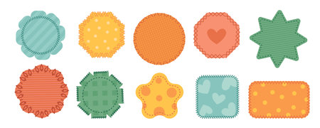 Fabric color patches. Different shapes fabric pieces stitched along perimeter, various stitches, creative textile sewing badges, isolated shapes for decoration and repair garish vector setのイラスト素材