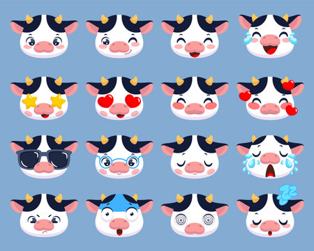 Cute cow emoji. Different emotions, funny farm animal faces, kids cartoon smiling mascot, little white calf with black spots, stickers collection, social media reactions, classy vector setのイラスト素材