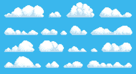 Pixel clouds. Retro game graphic asset, 8 bit landscape design elements, white fluffy objects, blue sky background. Cumulus cloudy shapes different sizes. Qualitative vector isolated setのイラスト素材