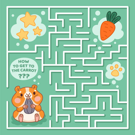 Hamster kids puzzle. Funny little animal, maze logic game for children, chubby pet eats sunflower seed, kawaii mascot, child labyrinth, cartoon flat style isolated garish vector conceptのイラスト素材