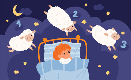 Good night kid. Little cute boy counts lambs to fall asleep, curly funny sheep jump over fence, remedy for insomnia. Bedtime children cartoon flat style isolated garish vector conceptのイラスト素材