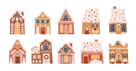 Gingerbread houses. Cute biscuits, homemade festive pastries, new year traditional festive kids food, christmas cookies, decorative sweet glaze painting, bread dessert tidy vector isolated setのイラスト素材