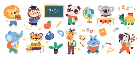 Back to school animals. Little funny lion, owl, panda and elephant students, fauna characters with books and backpacks, knowledge sign garish vector cartoon isolated education mascot setのイラスト素材