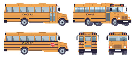 Yellow school bus. Vehicle for group students urban transportation, large passenger car, municipal...