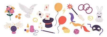 Magician accessories. Illusionist show equipment, performing magic tricks elements, mystery wizard items, top hat for illusion, rabbit and dove, cartoon flat isolated garish vector setのイラスト素材