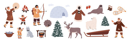 Inuit items. North people household elements, eskimos characters, ethnic group, alaska natives, winter animals, traditional homes and clothes, family with kids garish vector cartoon flat setのイラスト素材