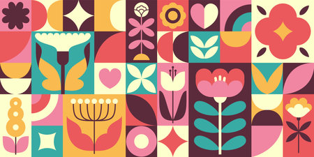 Geometric floral background. Colorful tiles with botanical blossom elements, blooming plants, flat decorative style, botanical mosaic, minimal plants, tidy vector cartoon isolated conceptのイラスト素材