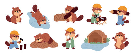 Cute beaver characters. Cartoon river animals, funny brown rodents, wildlife pond inhabitants,...