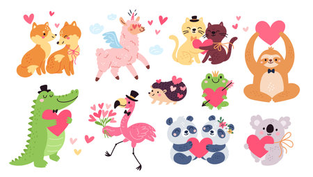 Cute animals with hearts. Valentines day characters, fauna mascots, love and romantic symbols, lama, fox, cats and panda, funny hedgehog cartoon flat style isolated garish vector setのイラスト素材