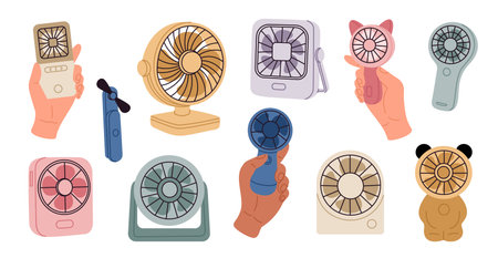 Cartoon hand ventilators. Mechanical and electrical devices, cooling air circulation, escape from heat, mini pocket sized fans, portable propeller blower, garish vector isolated icons setのイラスト素材