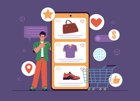 Shopping mobile app demonstration. Guy with glasses points at screen of large smartphone, sale e-commerce application, man influencer, cartoon flat style nowaday vector conceptのイラスト素材
