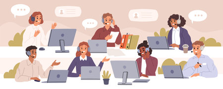 Support service team. Online consultation with clients, call center workers, operators talking on headset, hotline staff, man and woman in office cartoon isolated garish vector illustrationのイラスト素材