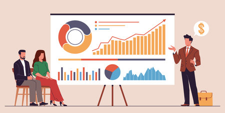 Project presentation. Business people consider graphs at conference, man points at screen with analytical data, manager and employee meeting in office nowaday vector cartoon flat conceptのイラスト素材