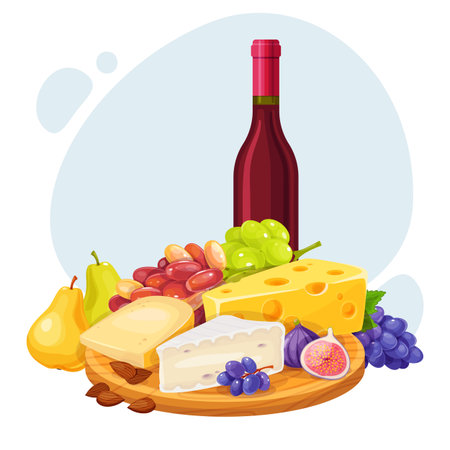Products composition. Different varieties cheese, bottle of wine, maasdam, brie, fruits and drinks, pear and nuts, gourmet food. Alcohol beverage, delicacy classy vector isolated conceptのイラスト素材