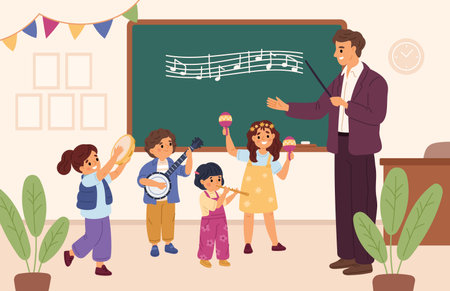 Music class learning. Students with musical instruments in teacher front, kids education, talented children in school, art subject cartoon flat style isolated garish vector backgroundのイラスト素材