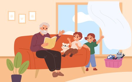Grandchildren visiting grandparents. Grandpa is sitting on couch and reading book to happy granddaughter and grandson, room interior cartoon flat style isolated garish vector conceptのイラスト素材
