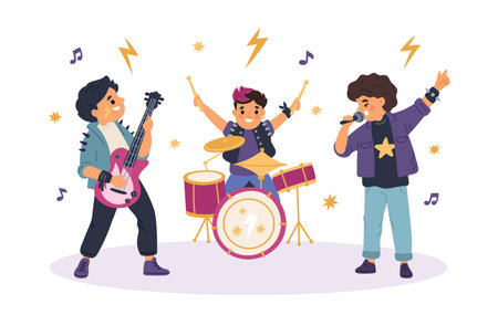 Funny rock band. Kids music trio, little guitarist, drummer and singer, live concert performing, musical instruments, children entertainment show, garish cartoon isolated vector conceptのイラスト素材