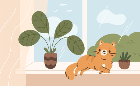 Cat at home. Relaxed pet lying on windowsill, cute red kitten, window with indoor flowers, cozy room part with plants, meow character cartoon flat style isolated garish vector conceptのイラスト素材