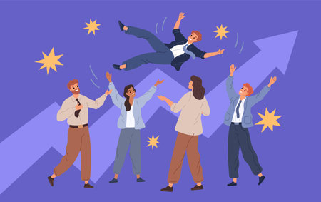 Throwing into air businessman. Office team celebrates success, growing charts, tossing employee,...