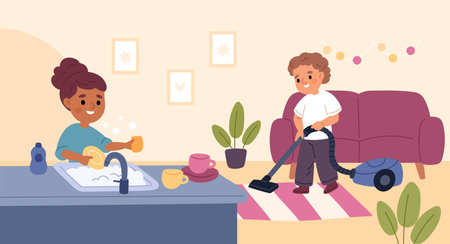 Funny children clean house. Brother and sister cleaning up, girl washing dishes, boy vacuums carpet, household chores, housekeeper activity cartoon flat isolated garish vector conceptのイラスト素材