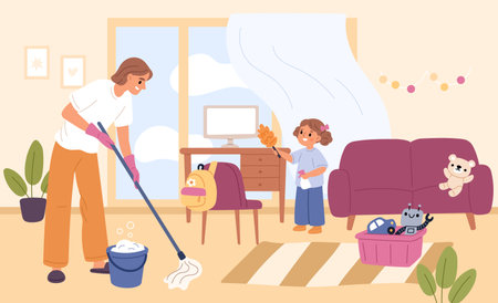 Daughter helps mom clean room. Children helping parents, cute girl dusts off monitor and bureau, mother cleans floors, cartoon flat style isolated garish vector housekeeping conceptのイラスト素材