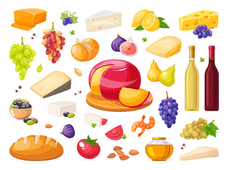 Cheese types, wine and food. Gourmet assortment, dairy products, brie, parmesan, feta, tasty meal, shrimp, figs and grapes berries. Alcohol beverage and snack menu classy vector isolated setのイラスト素材