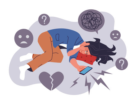 Woman is crying. Depressed character lying on floor in tears, frustration, life problems, negative emotions, sadness and loneliness, mental health disorder nowaday vector cartoon flat conceptのイラスト素材