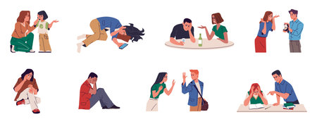 People crying. Men and women in tears, stress and depression, joy strong emotion, sad frustrated and happy consoling empathic characters, mental health nowaday vector cartoon isolated setのイラスト素材