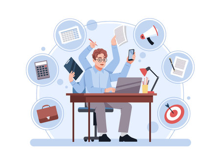 Multitasking businessman character. Active office worker with many hands, simultaneous tasks execution, man sitting at desk, effective work, cartoon flat isolated tidy vector conceptのイラスト素材